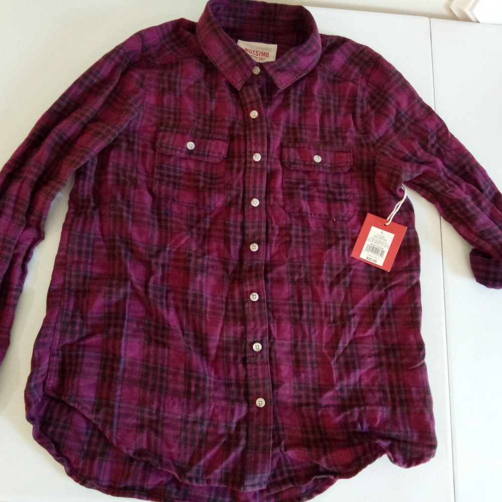 NWT Womens Lightweight Flannel-look Plaid Shirt Button Down Long Sleeve Collar L